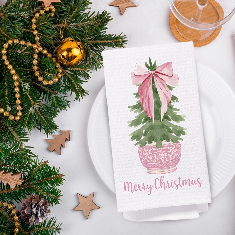SPBL&L Chinoiserie Christmas Kitchen Towels, Pink Bow Coquette Christmas Tree Dish Towels for Kitchen Bathroom, Pink Christmas Hand Towels for Bathroom Kitchen, Grandmillennial Decor,Set of 2,16x24 Inches - Image 4